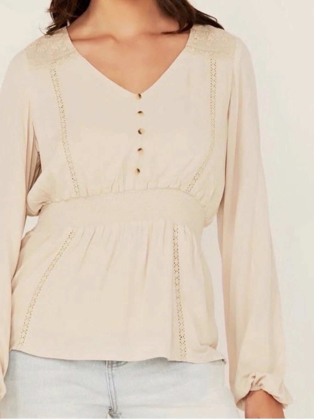 Shyanne Cream Lace Peplum Blouse V-Neck Smocked Waist Long Sleeve